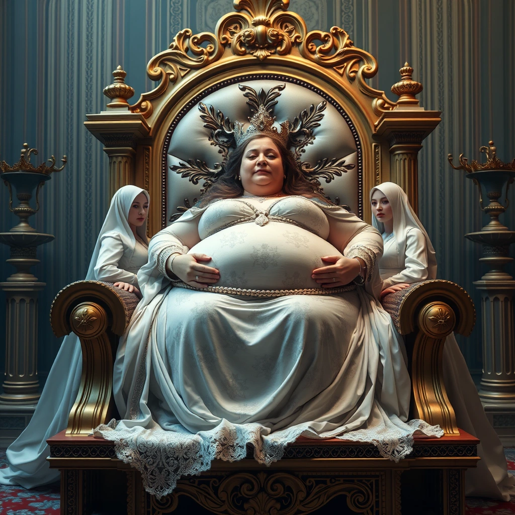 The beautiful and obese queen lies on a luxurious and exquisite throne, with four palace maids supporting her super big belly. - Image