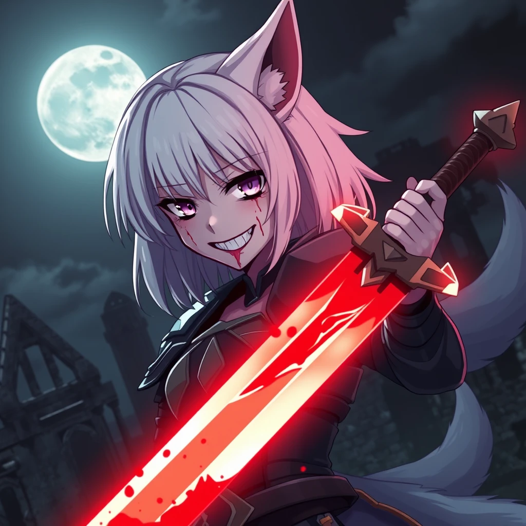 Anime girl with medium white hair, wolf ears, and a tail, has purple eyes and an evil grin with blood on her face. She is holding a glowing light red sword filled with blood in her right hand, and she is wearing armor. Old ruins can be seen in the background; it is dark and foggy with a full moon in the sky. Dramatic, dynamic, cinematic. - Image