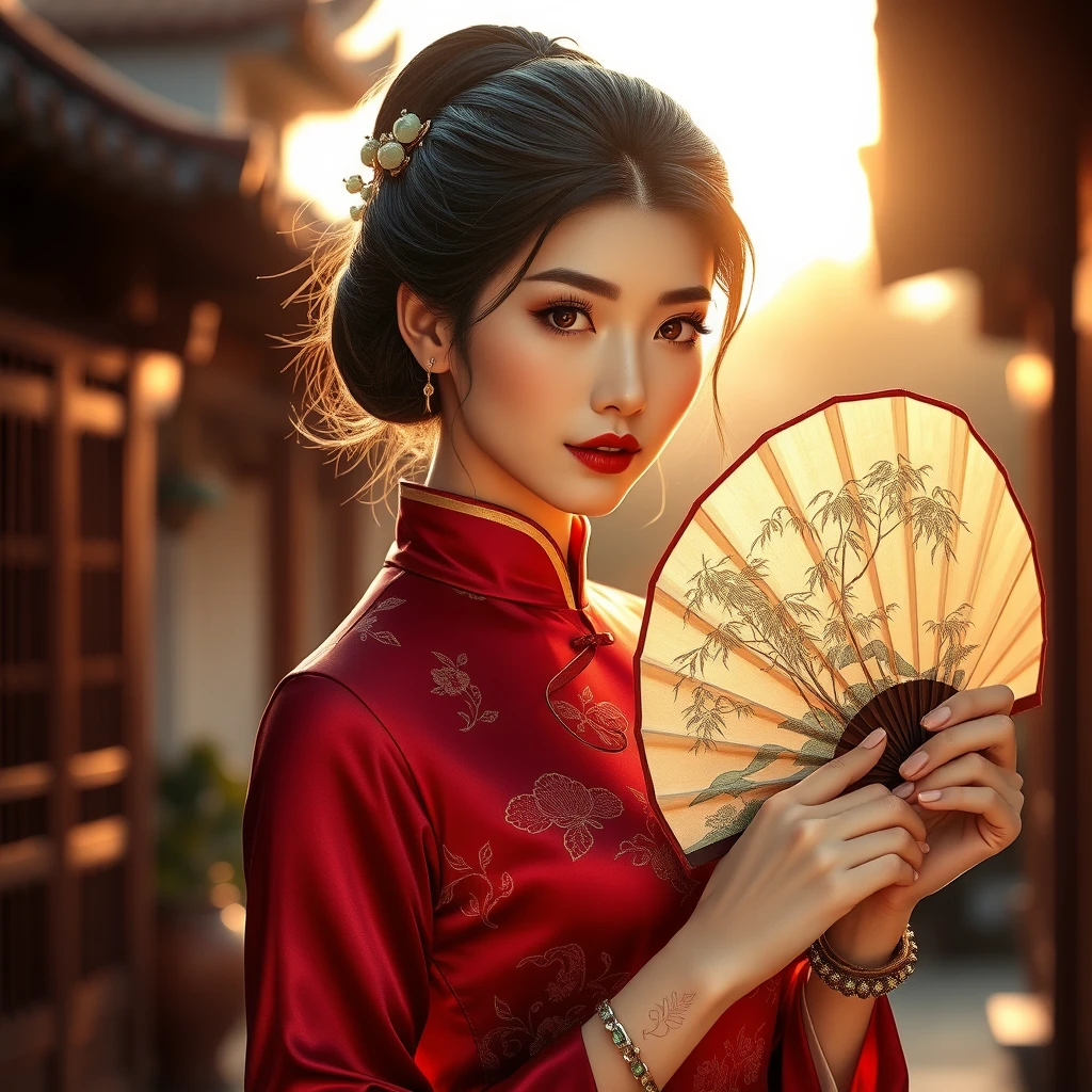 Here's a creative AI art prompt for a Chinese retro-style beauty:

"Imagine a graceful Chinese beauty standing in a traditional courtyard bathed in the soft glow of the setting sun. Her hair is styled in a classic chignon, adorned with delicate jade hairpins that catch the light. Her eyes are framed by long, sweeping lashes and are a deep, mysterious brown, reflecting the ancient wisdom of the East.

She is dressed in a qipao, a form-fitting silk cheongsam in a rich burgundy hue, embroidered with golden threads that depict a scene of peonies and bamboo. The qipao's high collar and slits reveal glimpses of her porcelain skin, while the fabric flows elegantly with her every movement.

In her hand, she holds a delicate silk fan, painted with a scene of a tranquil lake and willow trees, which she uses to subtly shield her face. Her wrists are adorned with jade bracelets that jingle softly as she moves, adding a musical element to her presence.

The courtyard is surrounded by a traditional Chinese garden, with a stone bridge arching over a koi pond, its surface rippled by the gentle breeze. The garden is filled with the fragrance of blooming plum blossoms and the sound of a guqin being played in the background, creating an atmosphere of tranquility and elegance.

The walls of the courtyard are adorned with traditional Chinese paintings and calligraphy, reflecting the rich cultural heritage. The setting sun casts warm, golden hues on the scene, creating a serene and timeless moment captured in the beauty's poised stance and gentle smile."

This prompt is designed to inspire a detailed and atmospheric artwork that captures the essence of Chinese retro style with a focus on elegance, cultural richness, and the interplay of light and shadow.
