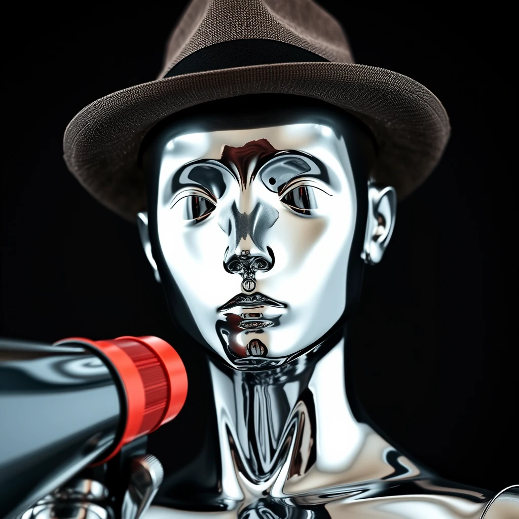 a reflective chrome skinned mannequin with no nose, mouth, ears, or pupils. With empty silver eyes wearing a fedora and holding a fake megaphone.