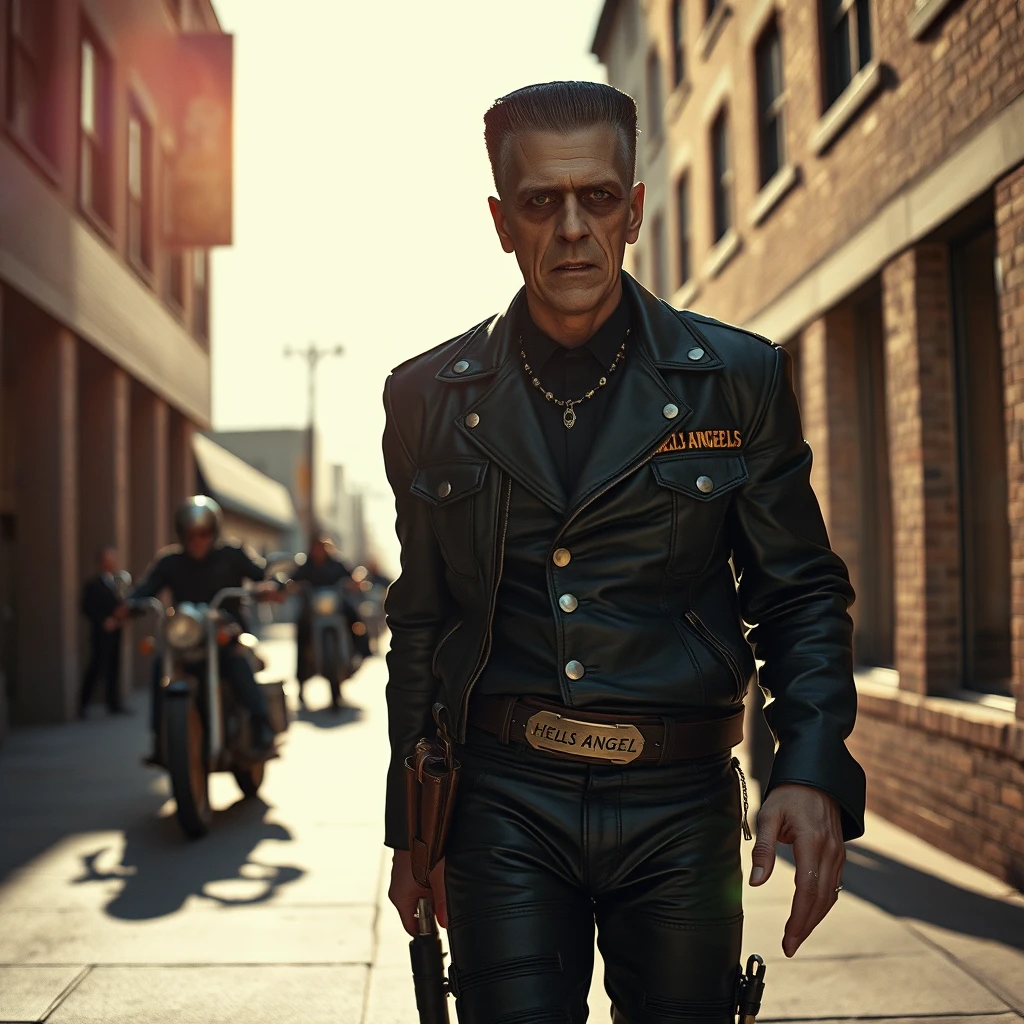 Boris Karloff as Frankenstein the Hells Angels biker walks down the sidewalk, dressed in leather, wearing a cowboy pistol belt. The noonday sun is bright, photo-realistic, leering, aggressive, 4k. - Image