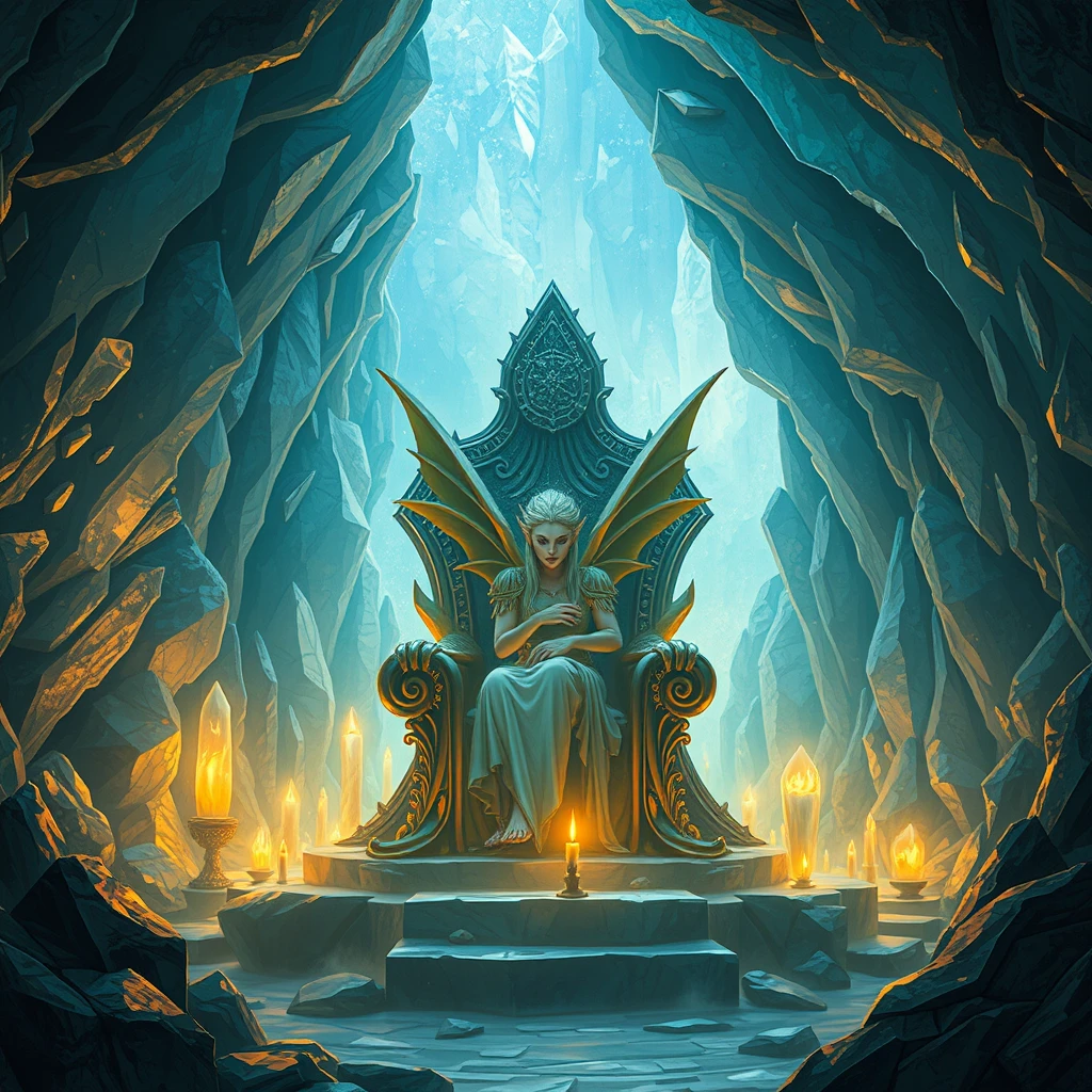 A crystal cave with an Elven Queen on a throne, pointy ears.