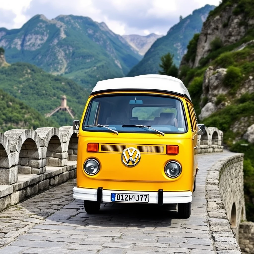 Photo: Yellow VW van from 2011 on a Roman stone bridge in the mountains. - Image