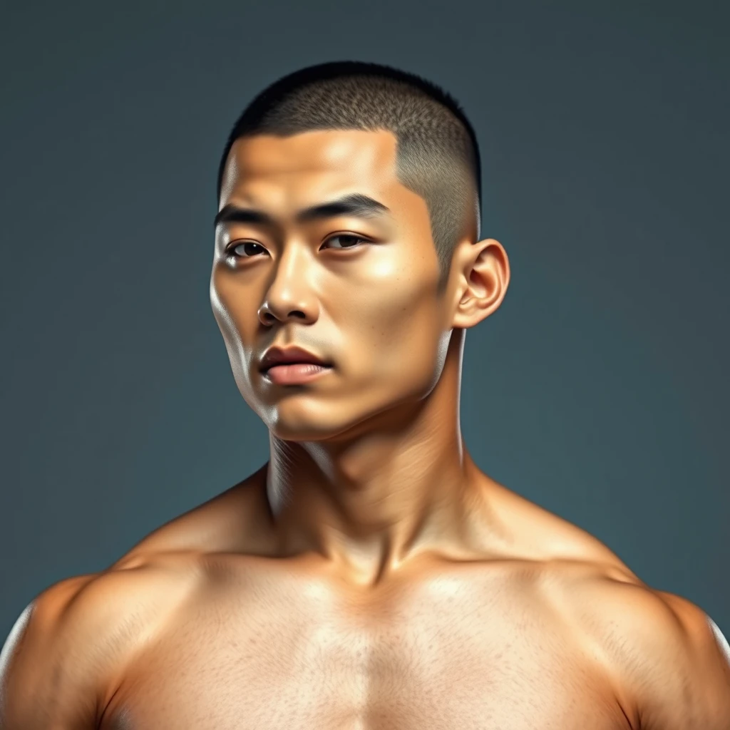 A half body portrait of a muscular, beefy Asian male with a buzz cut, high definition, 32k UHD, realistic.