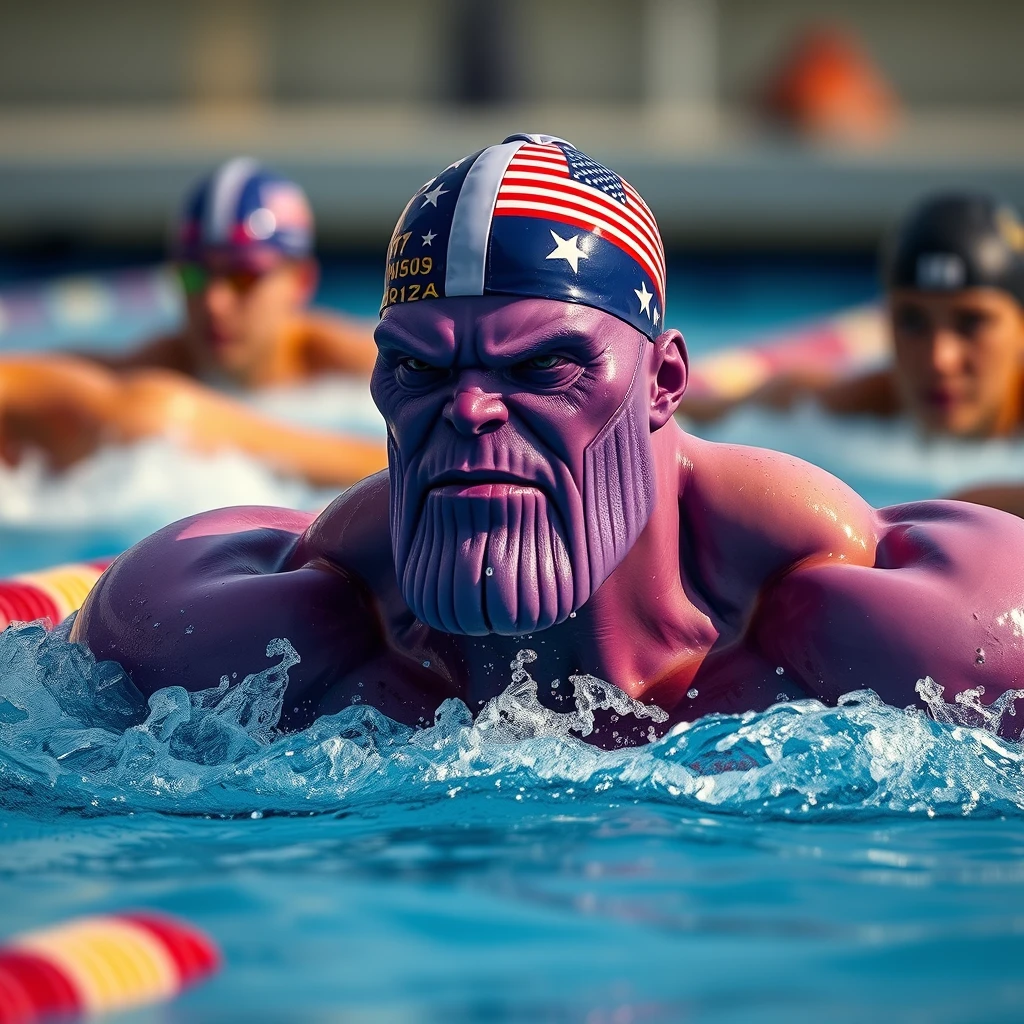 "A Thanos with a purple head is swimming in a competition against others, wearing a swimming cap with the American flag on it, in a realistic style, showcasing swimming movements, panoramic photo."