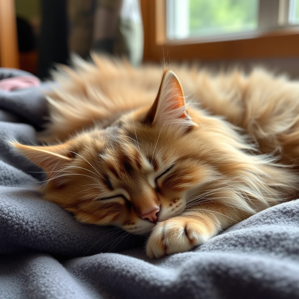 Domestic medium hair cat in a cozy room, sleeping.