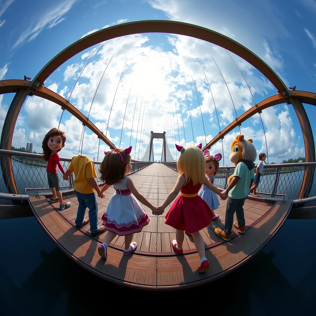 A sweeping 360-degree shot captures Leo, Bella, Daisy, Squeaky, and Sly holding hands around the bridge, symbolizing their unity and collective strength.