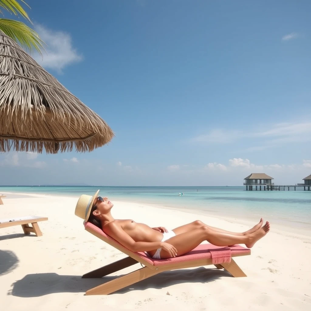 "Sunbathing by the beach in the Maldives."