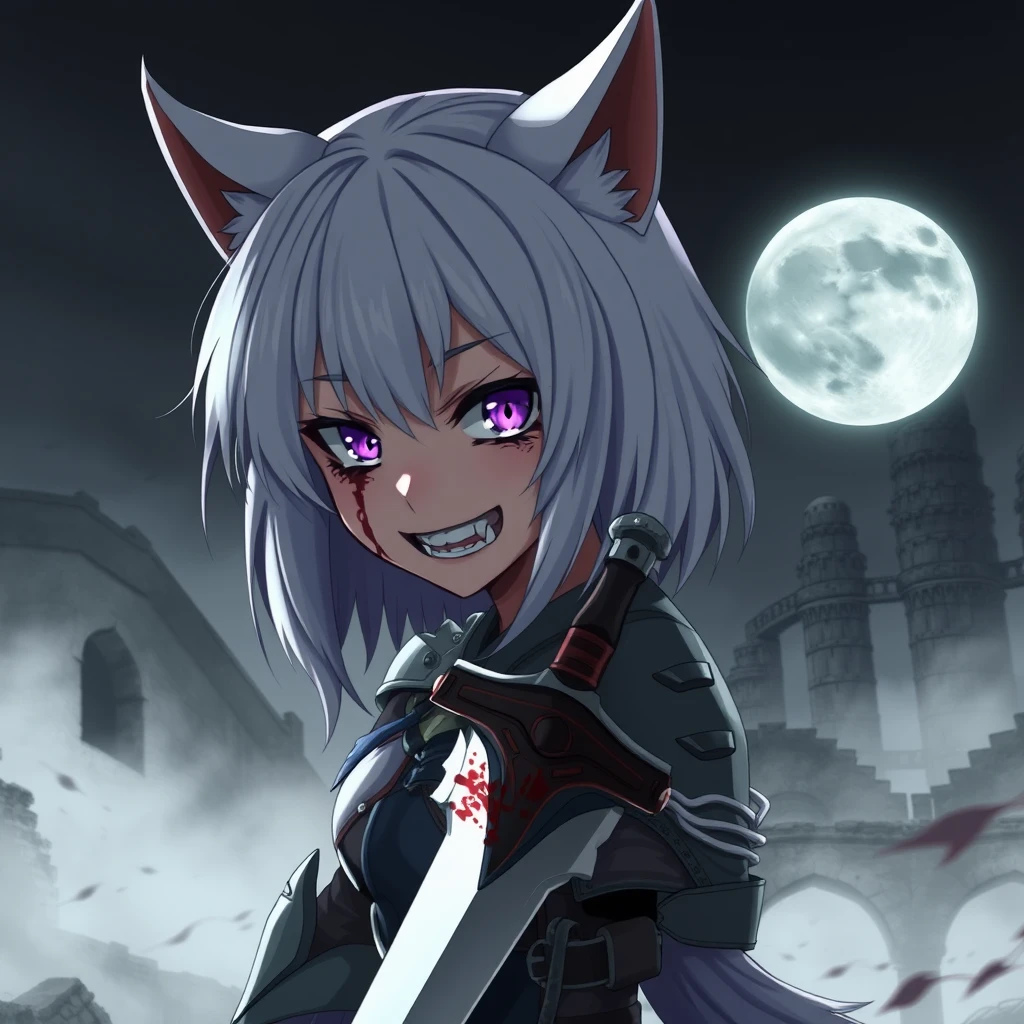 Anime girl with fangs and medium-length white hair, wolf ears, and a tail; she has purple eyes and an evil grin, with blood on her face, holding a blood-soaked sword in her right hand. The girl is wearing armor. Old ruins can be seen in the background; it is dark and foggy, and a full moon is in the sky. Dramatic, dynamic, cinematic. - Image