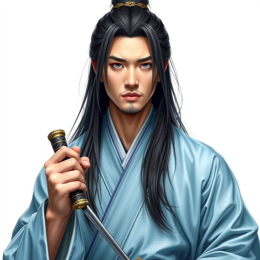 A 30-year-old Chinese man, dressed in a delicate sky-blue robe, super realistic, with long hair down to his shoulders, holding a sword, on a white background. - Image