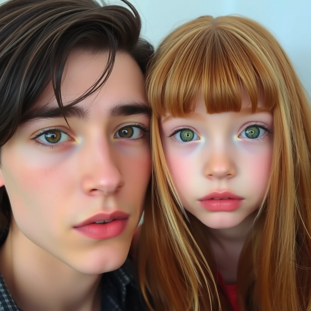 Young guy, long dark brown hair parted in the middle, sharp facial features, pale skin, light brown eyes, thick eyebrows, long eyelashes next to a cute white ginger girl with a turned-up small nose, pink lips, green eyes, and long bangs. - Image