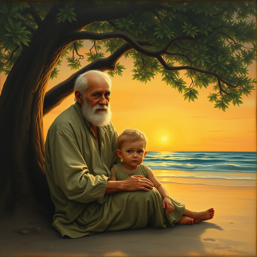 A painting in the style of da Vinci of an old man resembling me with his grandchild sitting on a beach at sunset under a tree.