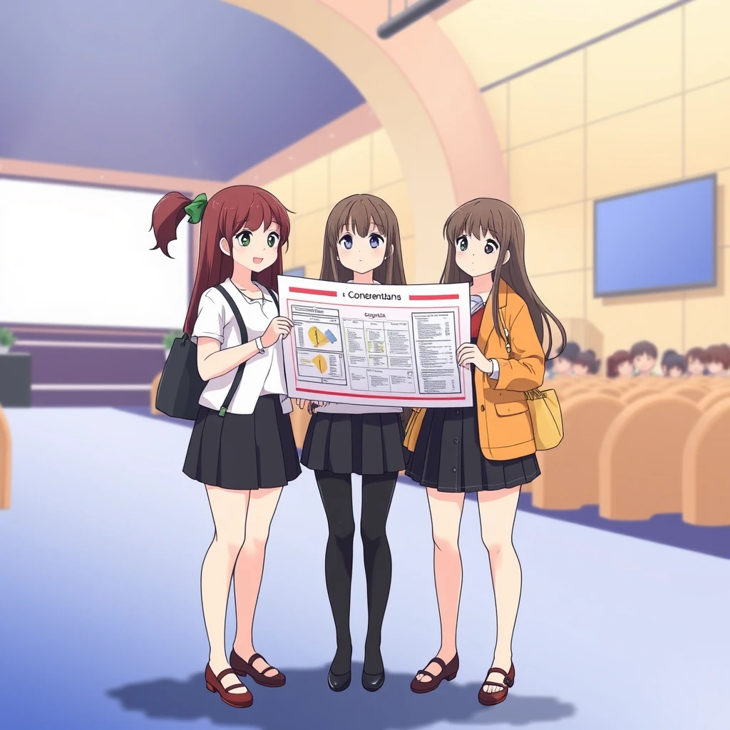 Anime illustration of five girls standing side-by-side discussing together regarding the agenda of the upcoming opening ceremony in a conference hall with stage and screen, they holding a large floor plan and reading it.