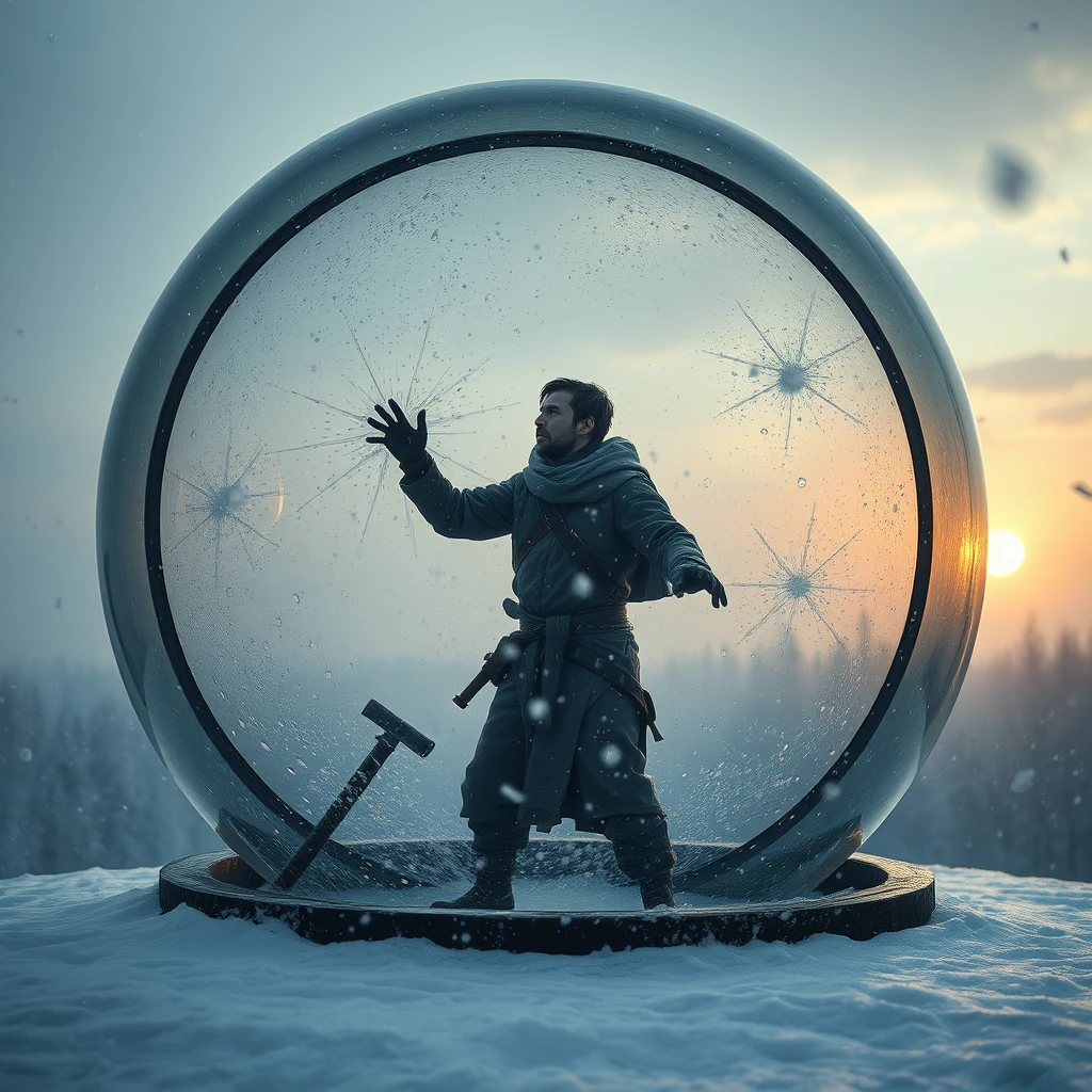 **Theme and Atmosphere**:  
“Realm of Helplessness: A weary-looking man in thin clothing stands within a huge transparent glass dome, vigorously striking the glass, but to no avail. Snow falls inside and outside, creating a lonely and profound world.”

**Background Setting**:  
- “The background features snowflakes swirling in the air and the hazy outlines of a forest, with the setting sun glowing like blood.”  
- “In the distance, the blurred outline of a snowy forest is vaguely visible, adding depth to the scene.”

**Glass Dome and Snow Scene**:  
- “The glass dome is presented with a transparent texture, filled with pure white snowflakes, rich in detail and layered, resonating with the external snowflakes.”  
- “The edges of the dome can be appropriately softened to enhance the transparency of the glass and the depth of space.” 

**Character Depiction**:  
- “The man wears thin clothing, looks haggard, and has a deep gaze as he strikes the glass dome with force, staring at the distant hazy sun. The struggle and rebellion of the man should be manifested, yet a sense of helplessness prevails.”

**Emotion and Meaning**:  
- “The entire picture aims to convey a feeling of helplessness and lonely desolation.”  
- “Through the metaphor of the glass dome, one can explore the barriers and connections between the individual and the outside world, as well as the insignificance and helplessness of a person in the face of life.”

**Details and Decoration**:  
- “Pay attention to the handling of light and shadow effects, using the light reflected by the snowflakes to enhance the brightness and layering of the picture.”  
- “While maintaining the overall atmosphere, some small decorative elements can be added, such as falling snowflakes and plants swaying in the cold wind.”

**Style and Technique**:  
- “Please use a delicate and emotionally rich brushstroke for creation, paying attention to the harmonious combination of color and light and shadow.”  
- “In terms of composition, attention should be paid to balance and contrast to ensure the picture is both stable and dynamic. In a two-dimensional style.” - Image