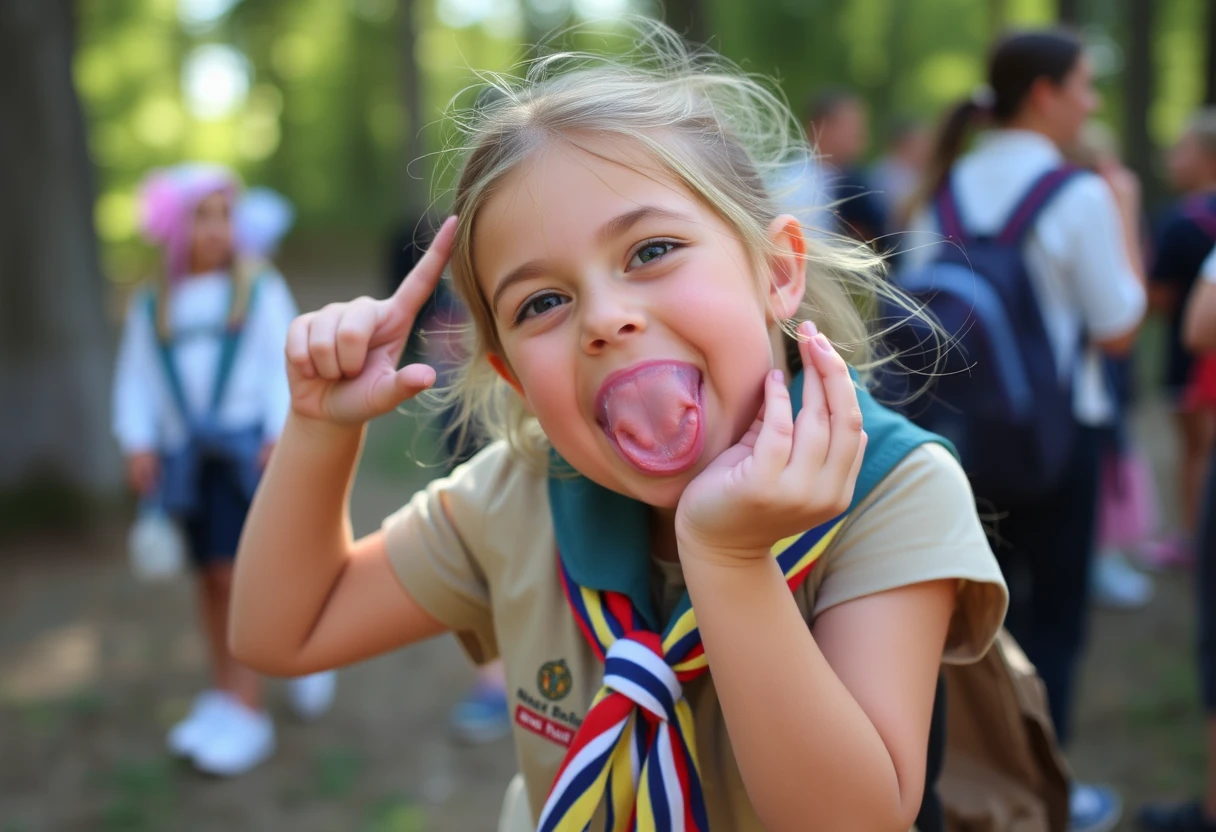 A girl scout is enjoying herself as she poses cheekily for the camera.