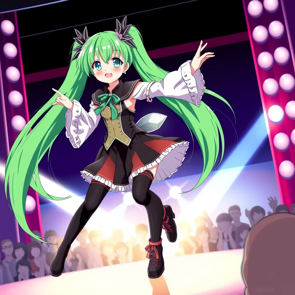 Japanese anime illustration: a vibrant green-haired girl with long twin tails, dressed in a striking performance outfit, dances passionately on stage, captivating the cheering audience below.