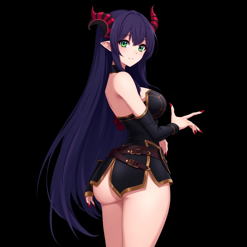 solo, 1 girl, high quality anime style, very long hair, dark violet hair, green eyes, long red finger nails, demon horns, large hips, black armor with gold trim, standing pose, smooth curves, curvy body, black background, full body. - Image