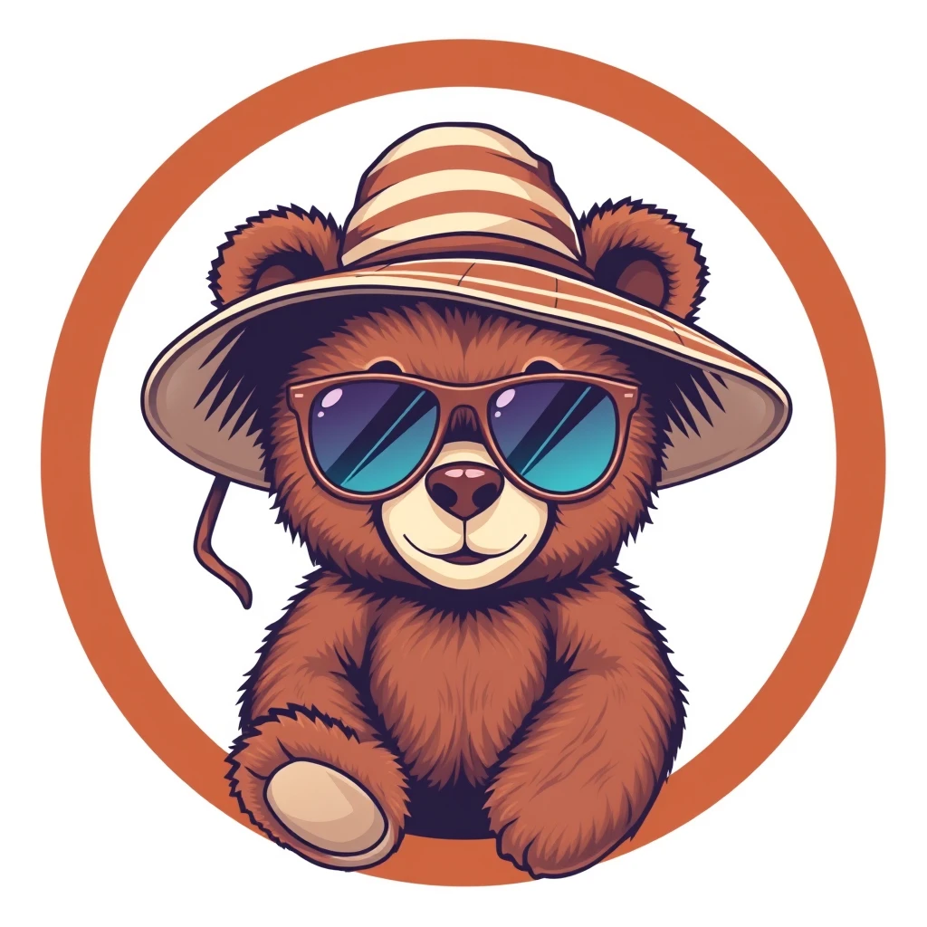 teddy bear wearing sunglass and wearing a big stripe hat, flat 2d, vector, white background, enclosed in a circle, professional tshirt design vector