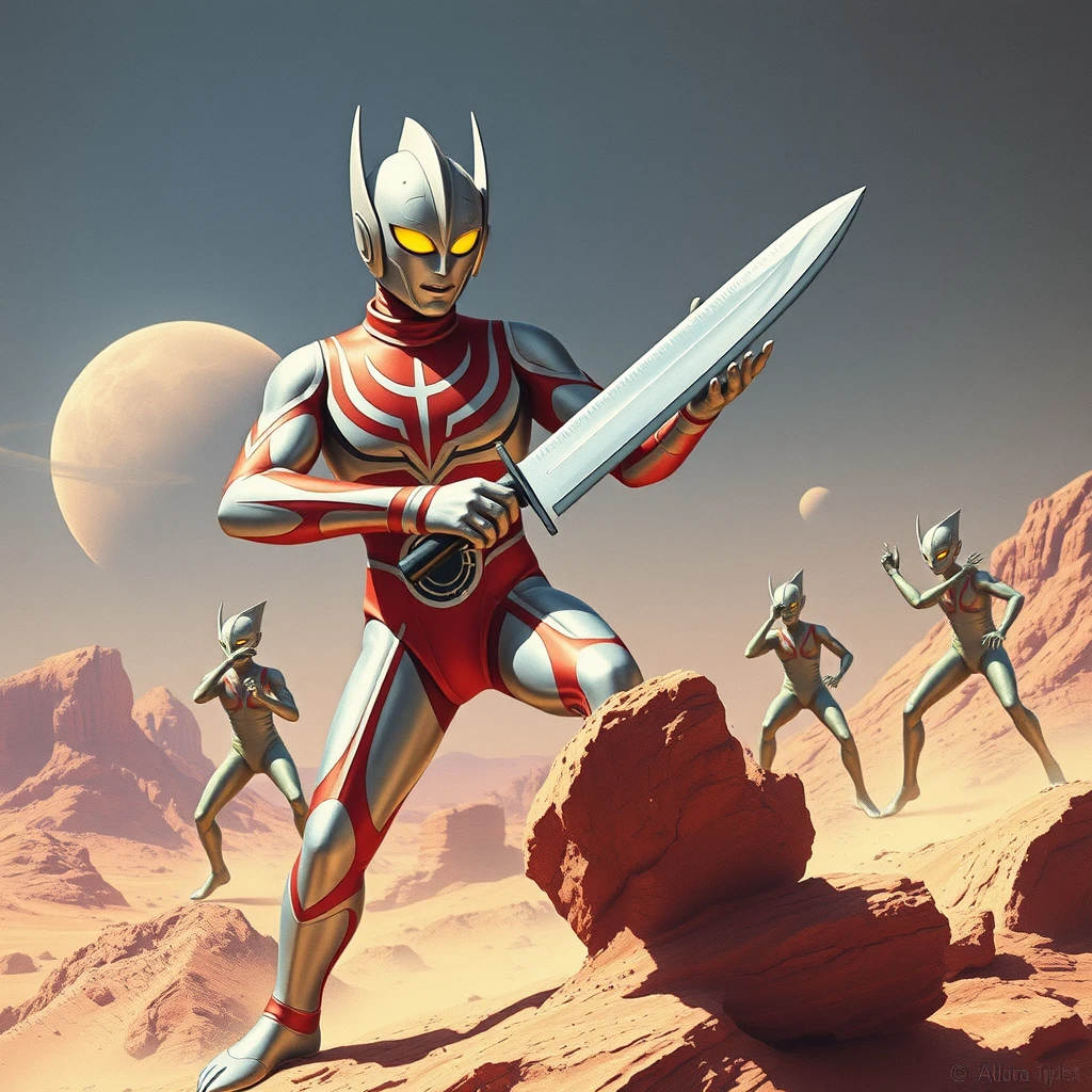 Ultraman, carton, fighting aliens with big knife on 
Mars - Image