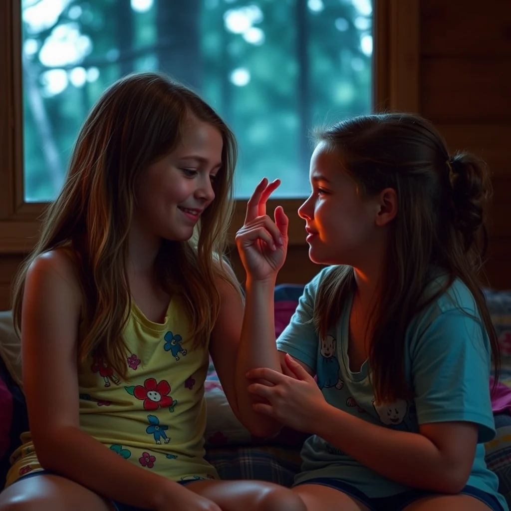 Two summer campers in the girls' cabin at nighttime stimulate each other's most sensitive areas. - Image