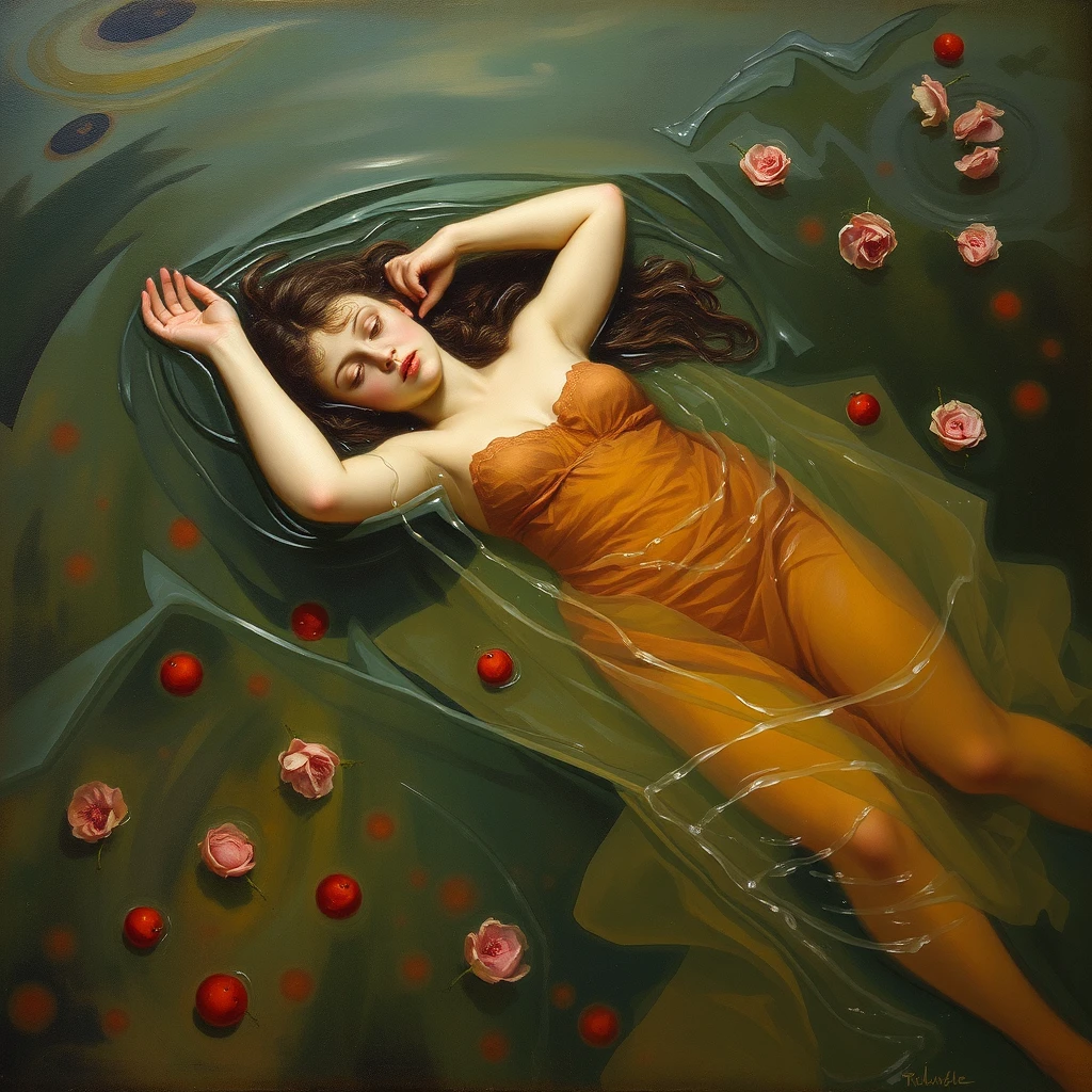 Ophelia drowning in the river of borscht, oil painting on canvas, 1900s - Image