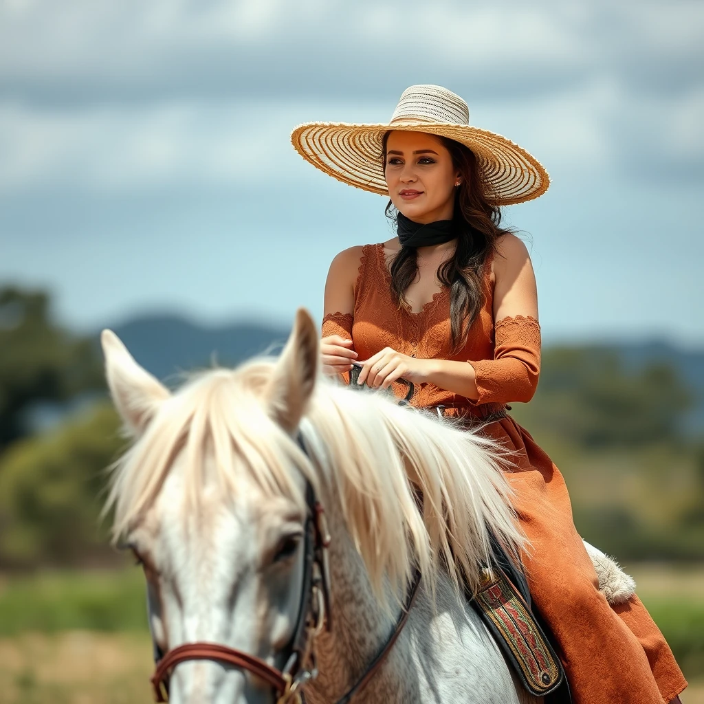 a women wearing big hat and riding a grey horse - Image