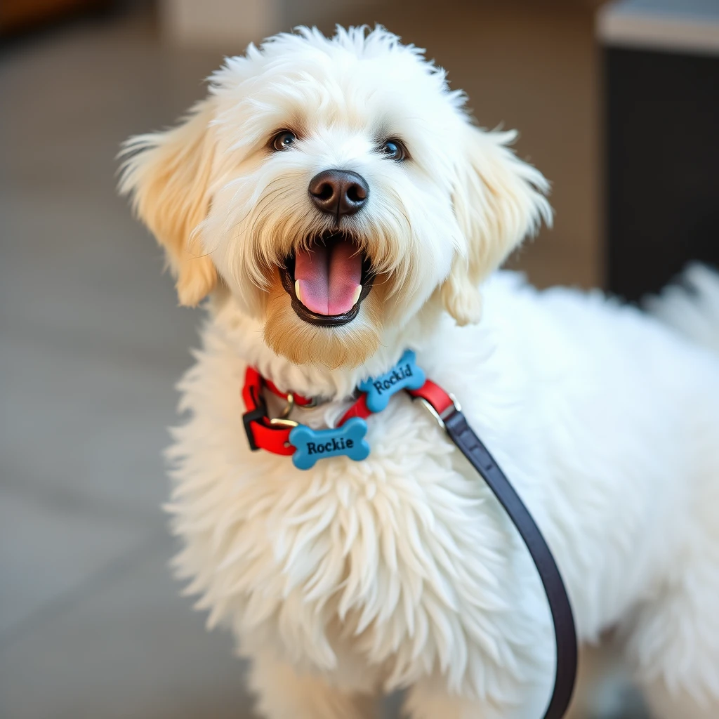 a white goldendoodle, boy, 35lb, 10 years old, small blue bone-shaped name 'Rockie' tag on red collar without leash, smile