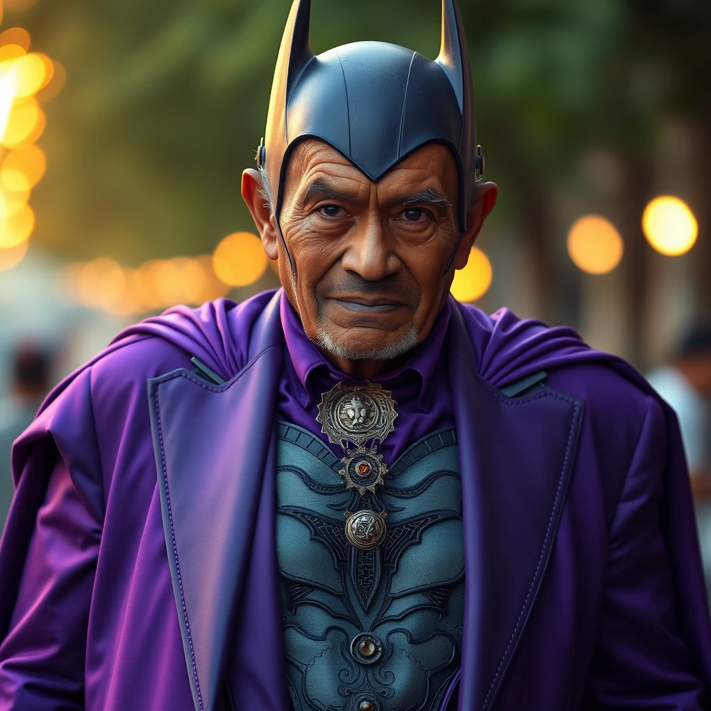 an old Malay man, wearing a purple Batman suit, intricate details, bokeh, golden hour - Image