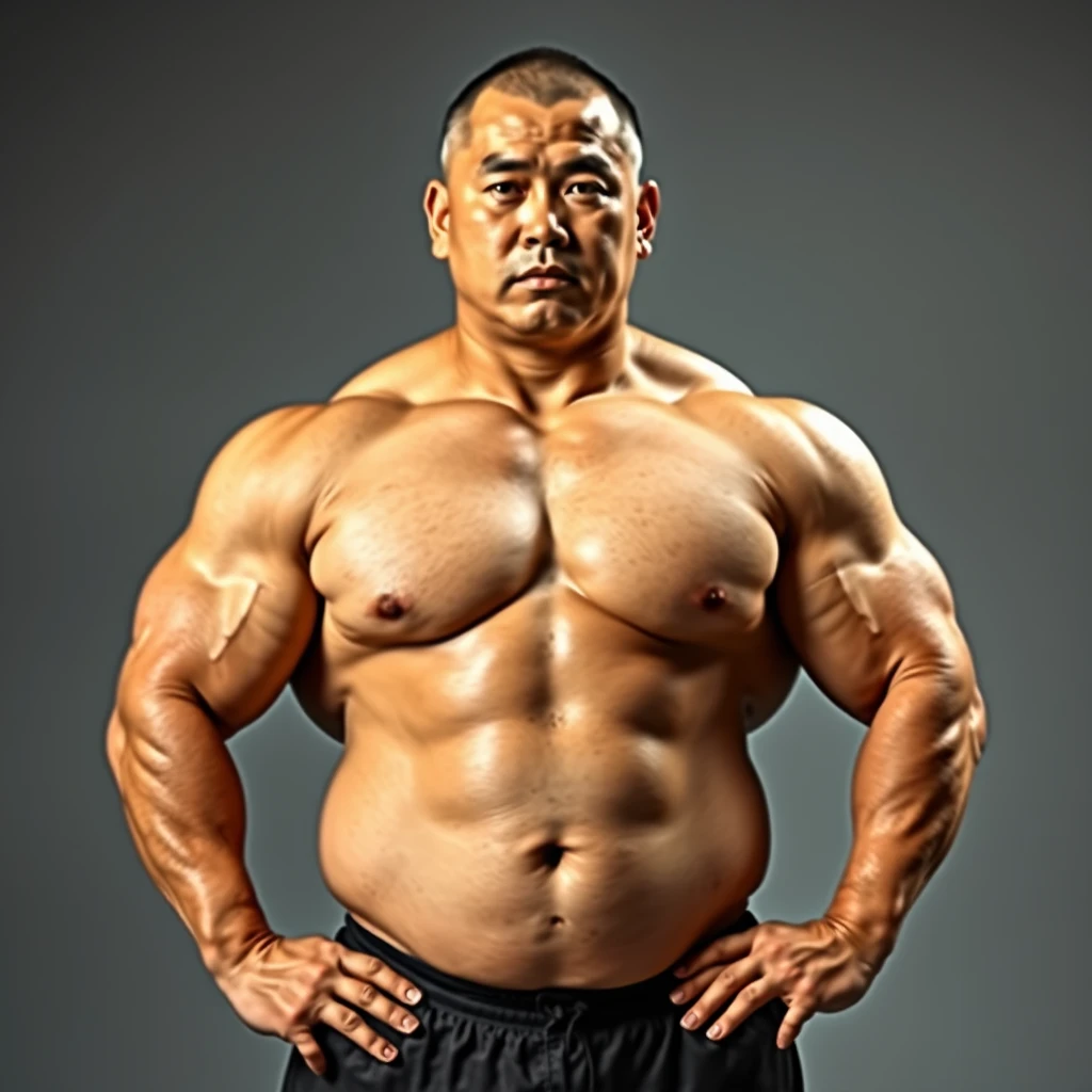 a full body portrait of muscular (beefy:1.4) asian male, his muscles are covered with a thin layer of fat, buzz cut, 32k uhd, real