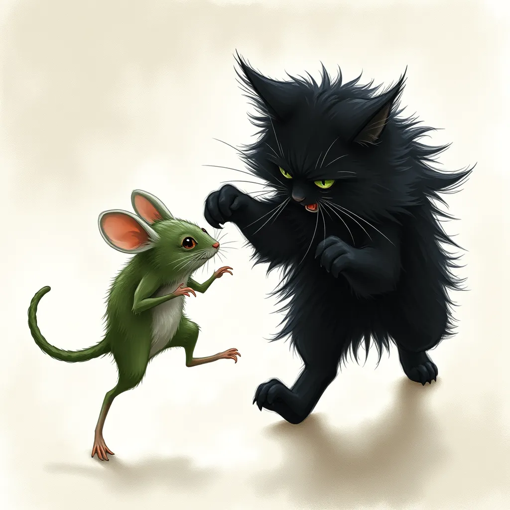 Long-haired black cat and green mouse fight. - Image