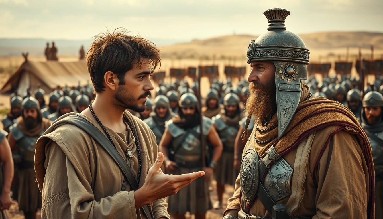 Two men are arguing. One is a young man, with messy hair and a short beard. The other is a middle-aged Mesopotamian king. The young man looks at the king in disbelief and gestures towards him. The young man is dressed in a biblical era shepherd's attire. The middle-aged king is dressed as a bronze-age soldier. Both men are surrounded by a diverse group of men in ancient bronze-age soldier armor. In the background are Arabic army tents pitched in a desert shrubland. In the distant horizon stands another army armed and ready to fight. Dramatic lighting.