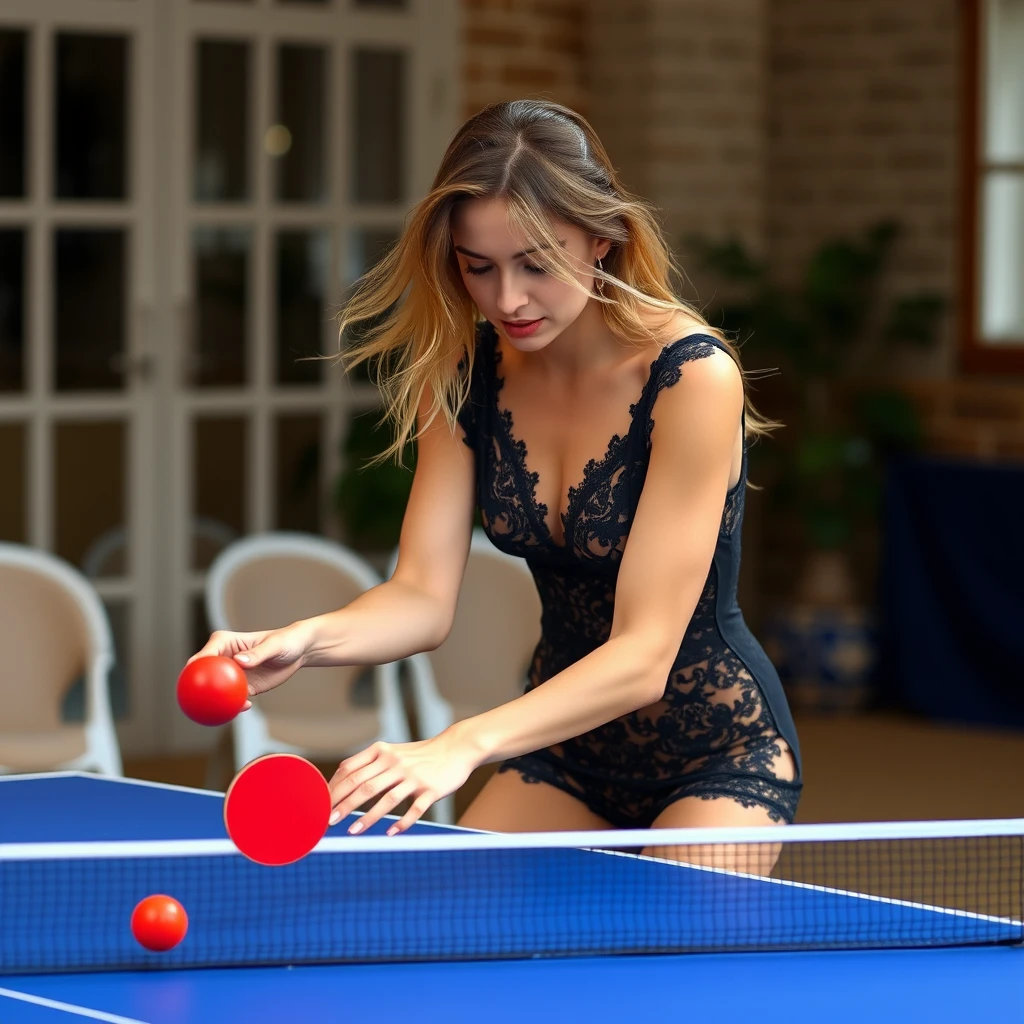 Beautiful French woman in a black lace catsuit playing table tennis.