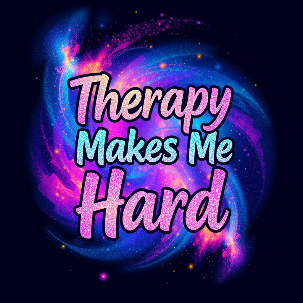 T-shirt design of fantastic vibrant glittery with an iridescent effect but ethereal text that says "Therapy Makes Me Hard" swirled vibrant colors with a colorful galaxy in the background. - Image