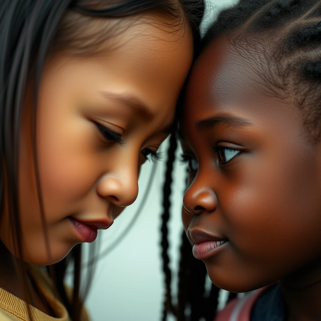 An Asian girl and an African girl are close together, their foreheads are touching.