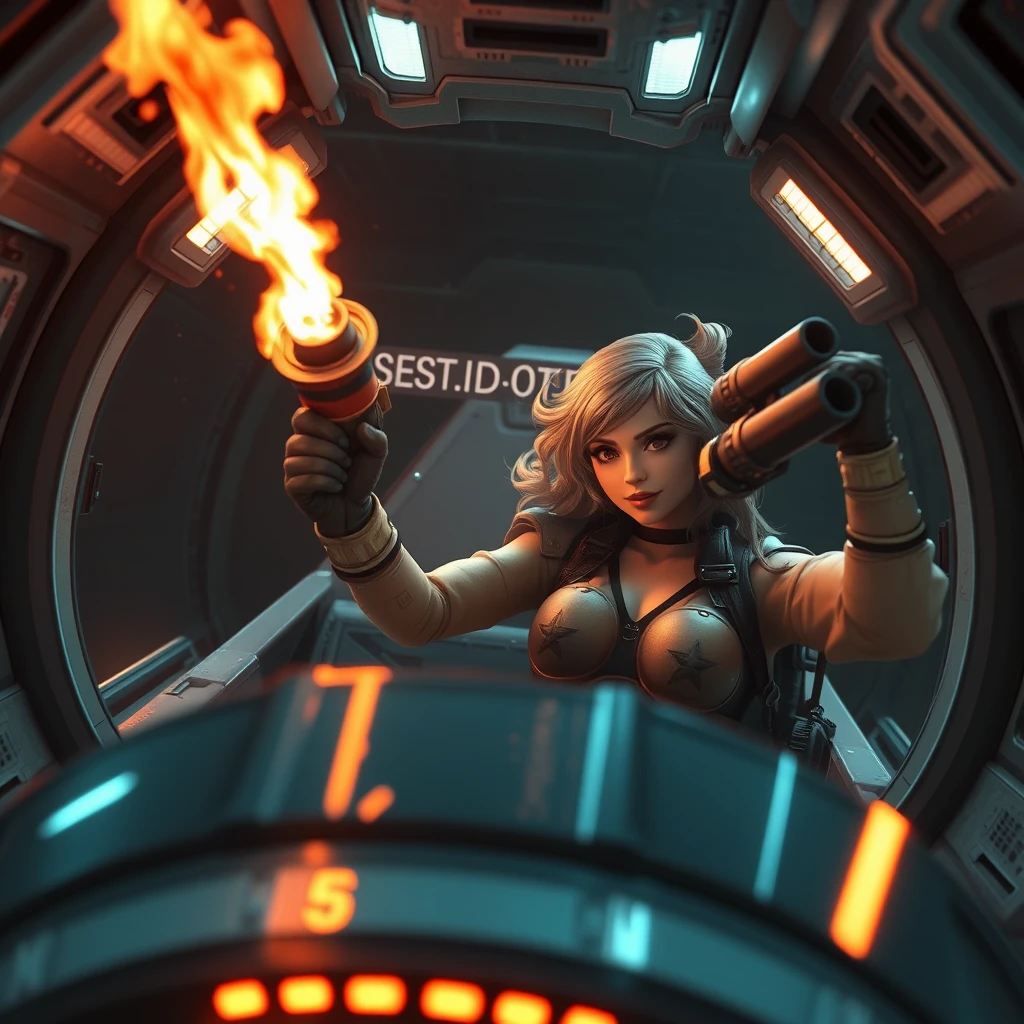 Self-destruct countdown timer stopped at 5 seconds by a beautiful photorealistic heroine with a flamethrower and bazooka in a spaceship. - Image