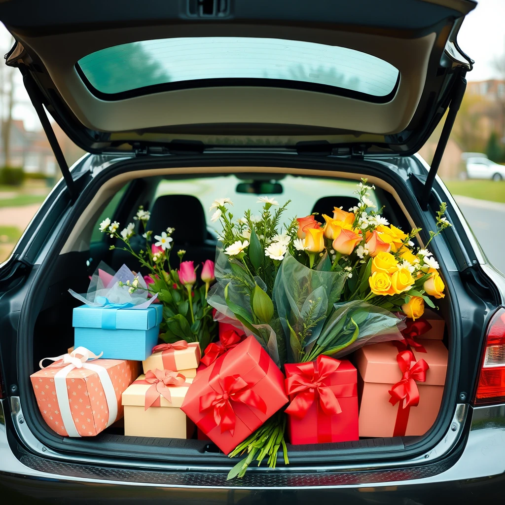 "The trunk of the car is full of flowers and gift boxes." - Image