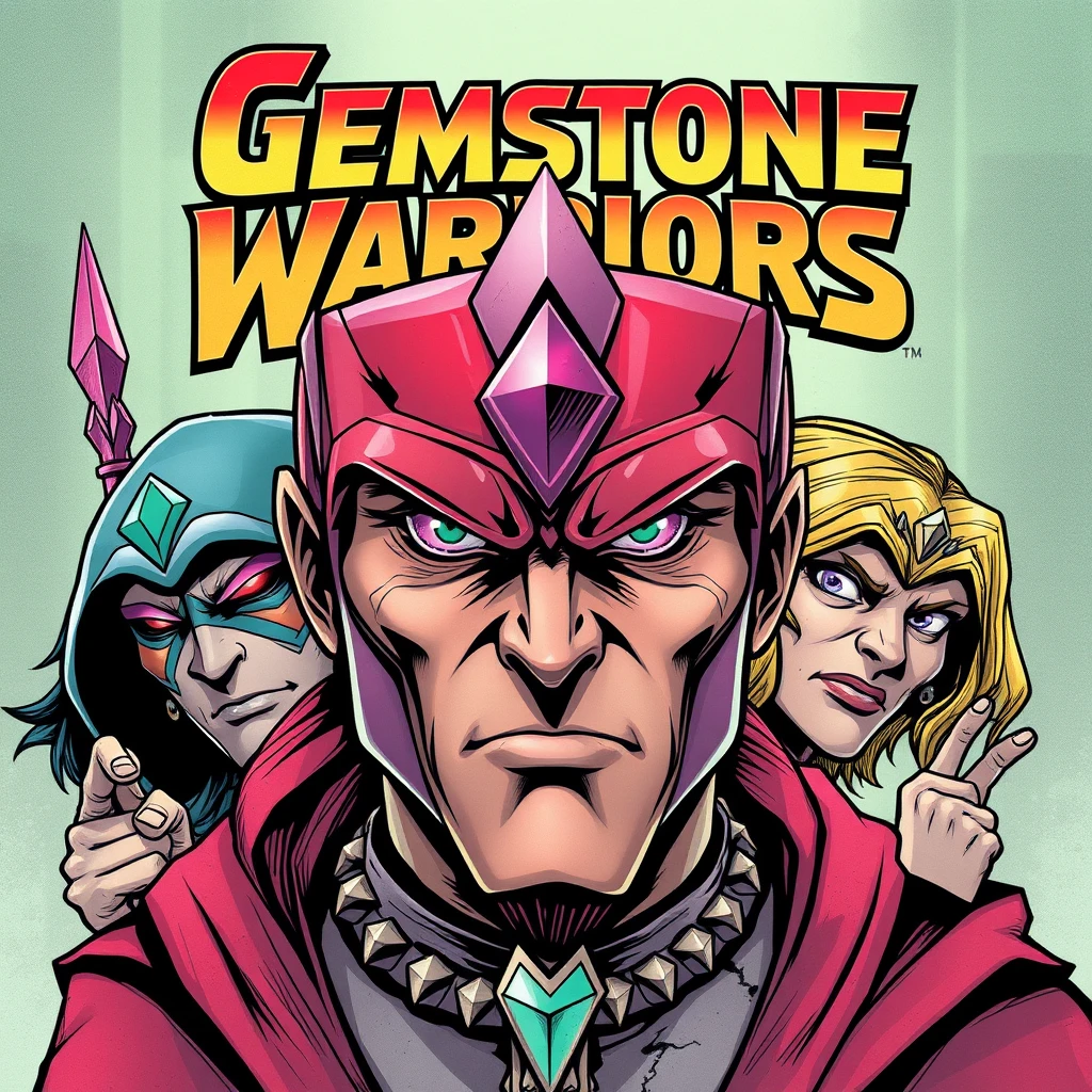 Front of a new comic book called the Gemstone Warriors, fierce and serious looking.