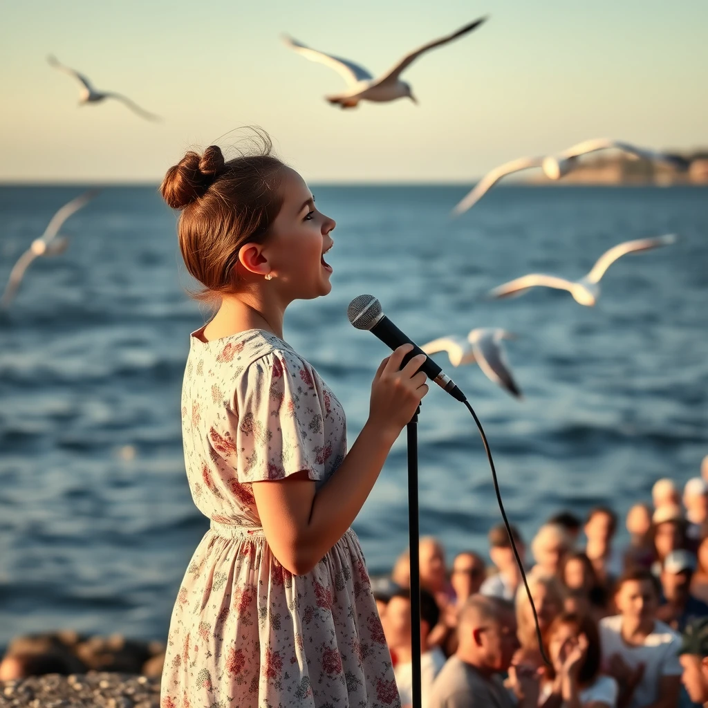 A girl singing by the seaside, seagulls flying over the sea, and a crowd applauding in the bottom right corner, real photography. - Image