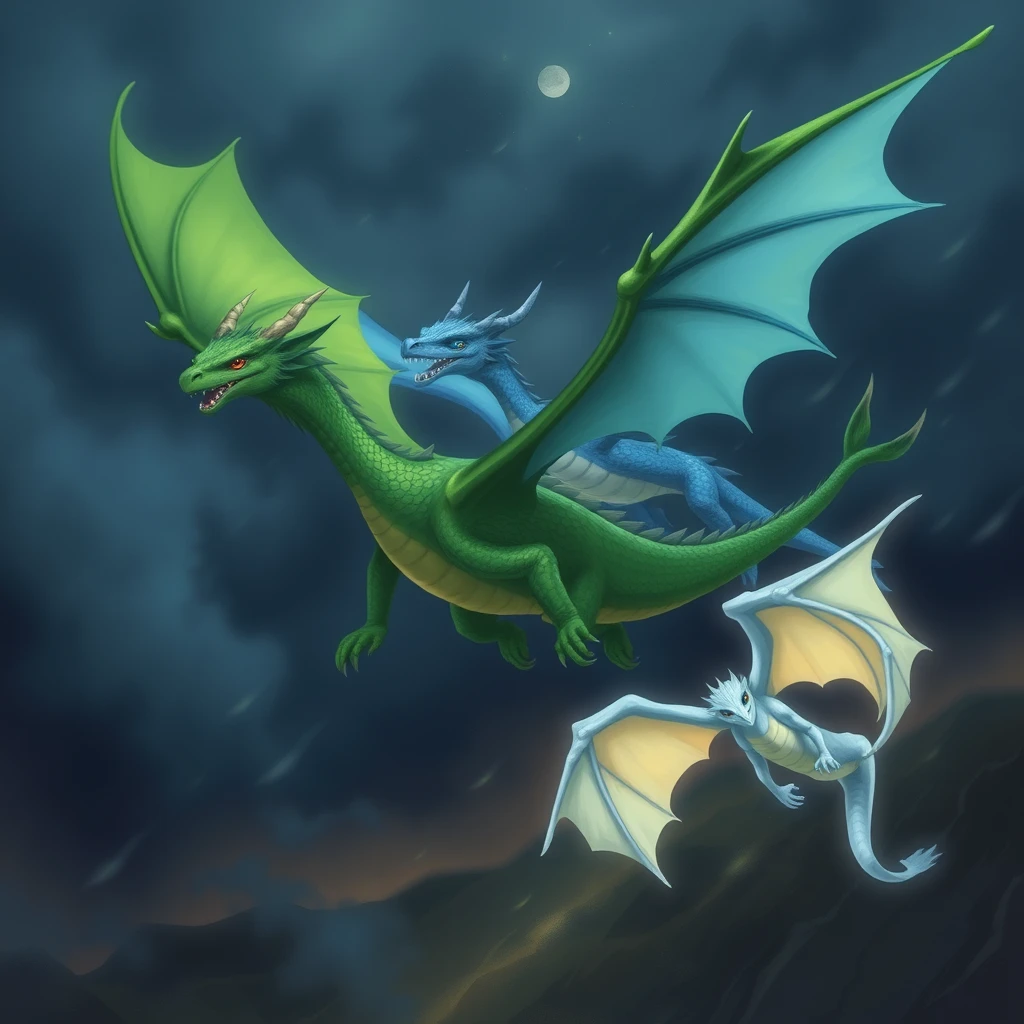 a green dragon, a blue dragon and a white dragon in flight during a stormy night - Image