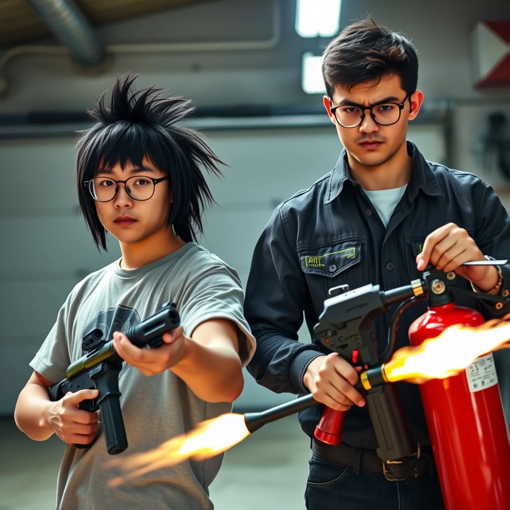 21-year-old young white Chinese man with long black fringe mullet, square glasses, holding a large pistol; 21-year-old white Italian man with round prescription glasses and short hair holding a very large fire extinguisher flamethrower, in a garage setting, both looking angry.