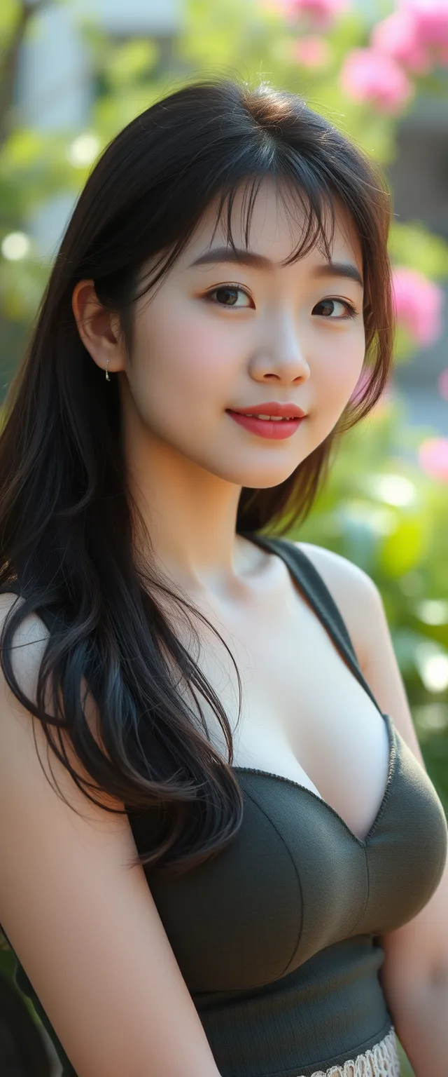 A pretty beautiful girl, Chinese, oval face, 20 years old, college student, big breasts, summer.