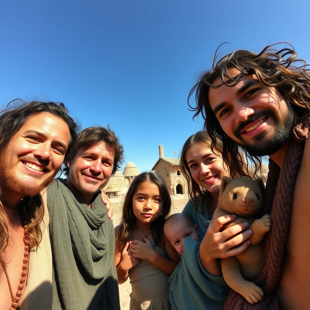 Paleolithic family taking a selfie, two adults, a teenage girl, two children, one baby, paleolithic settlement in the background, sunny day, clear sky. - Image