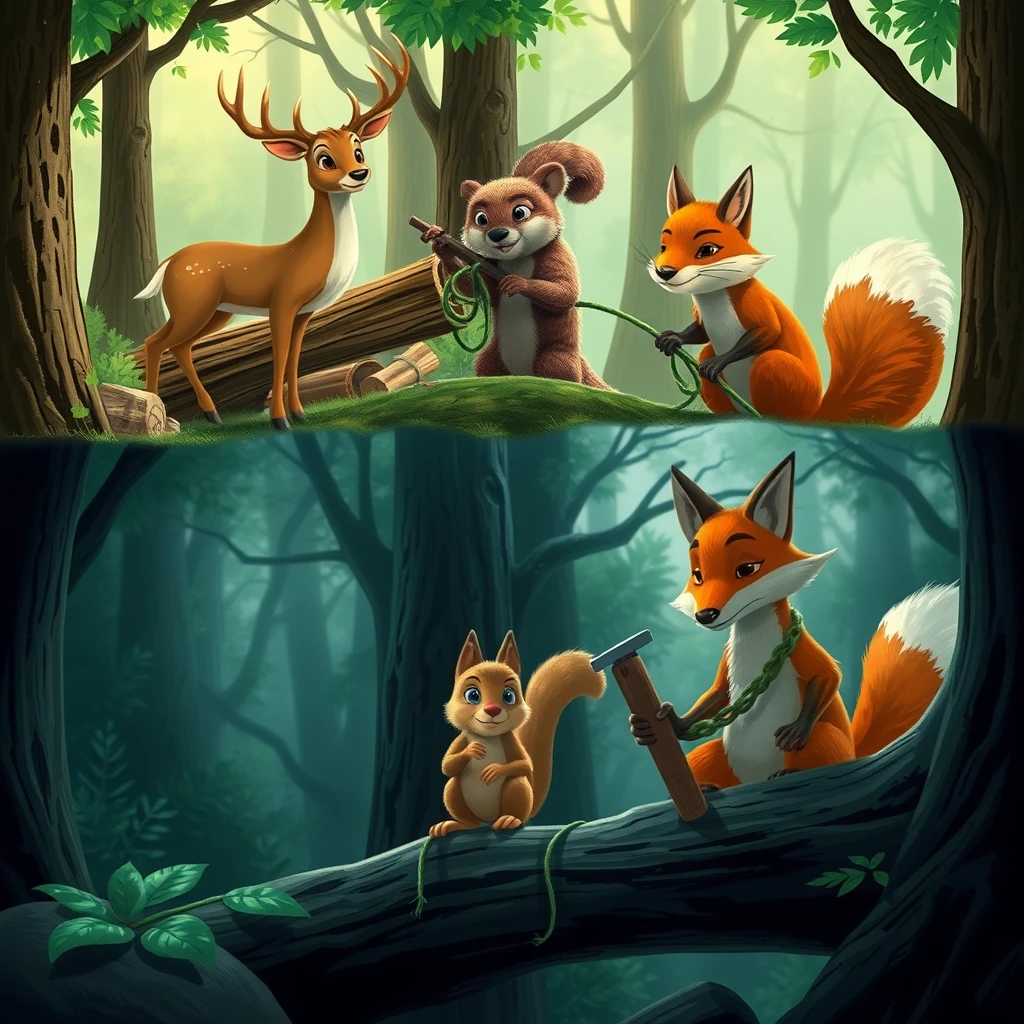 A dynamic split-screen showcasing the forest animals in action: the deer, named Daisy, gathering wood, the squirrel, named Squeaky, securing vines, and the fox, named Sly, using tools, all contributing to the bridge repair. - Image