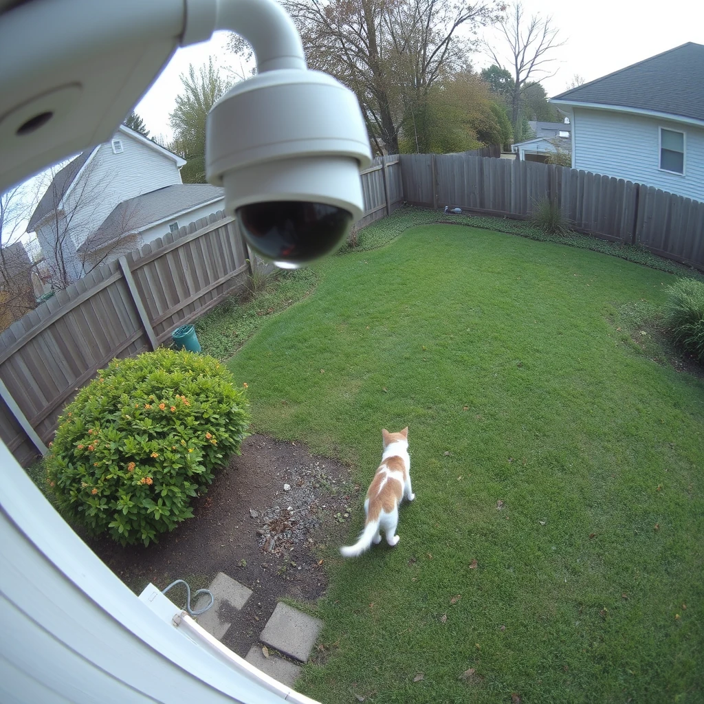 A cat is pooping on the back yard from a surveillance camera perspective.The surveillance is on the edge of the eaves