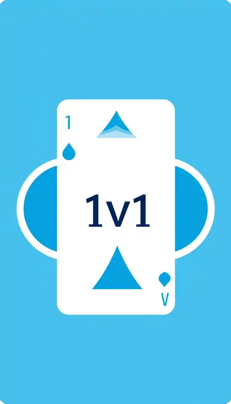 The image is a graphic design of a playing card with a blue aqua theme in the center. In the center, it's written "1v1." The card is portrait in shape and has a blue background. The overall design is modern and minimalistic.