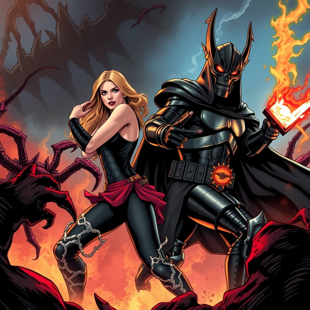 Buffy Summers (from Buffy the Vampire Slayer) and the Doomslayer (from Doom Eternal) back to back fighting demons in Hell. - Image