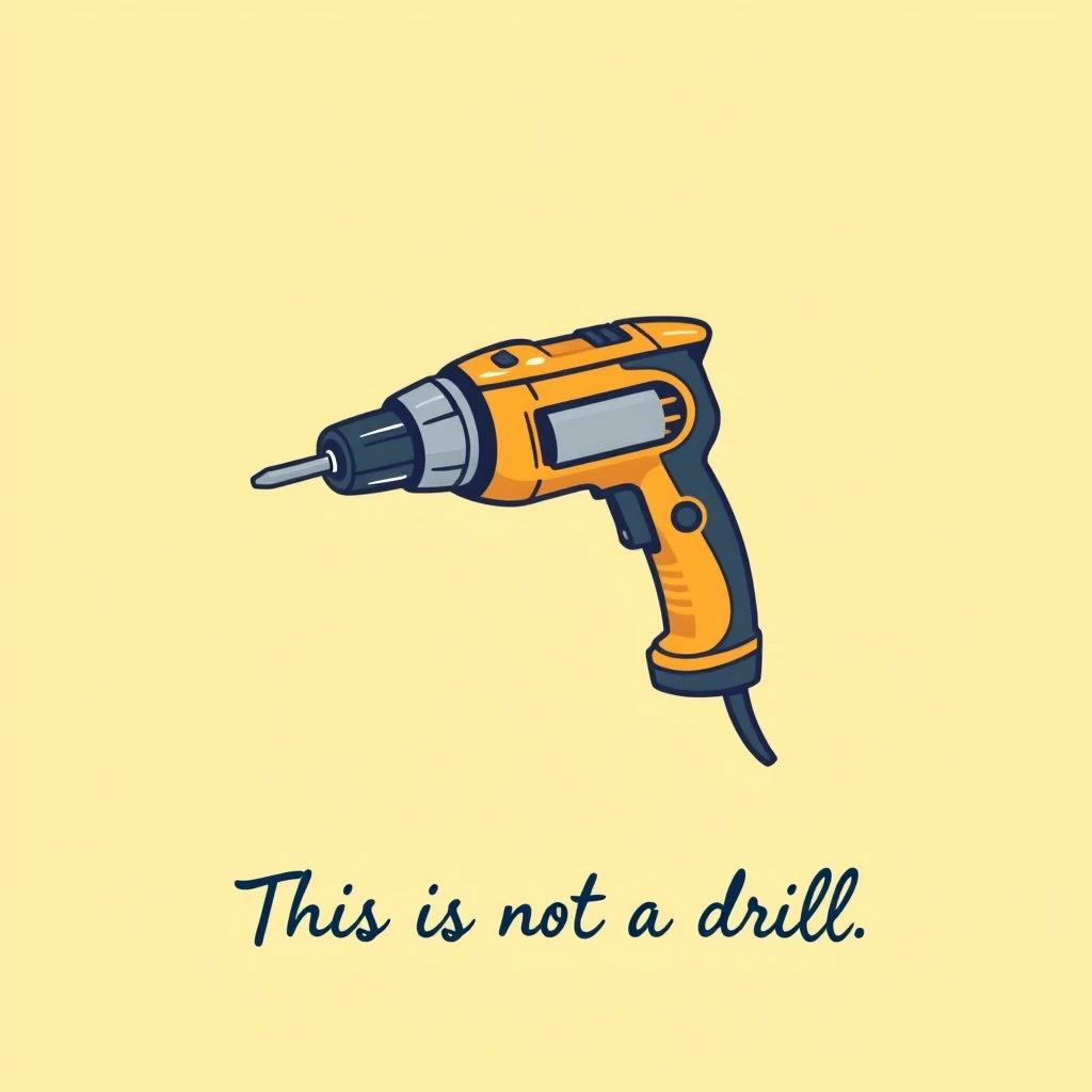 A vector art illustration of an electric drill, pale yellowish background, with a text caption below the image in cursive script: This is not a drill. - Image