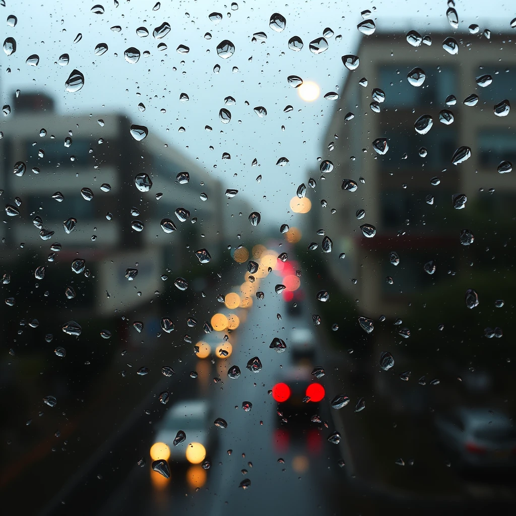 Rain drops fall on the glass on a rainy morning in Tehran, in the style of Sudarsan Pattnaik, punk rock aesthetic, enigmatic tropics, Y2K aesthetic, Windows Vista, light brown and brown, Prateep Kochabua.