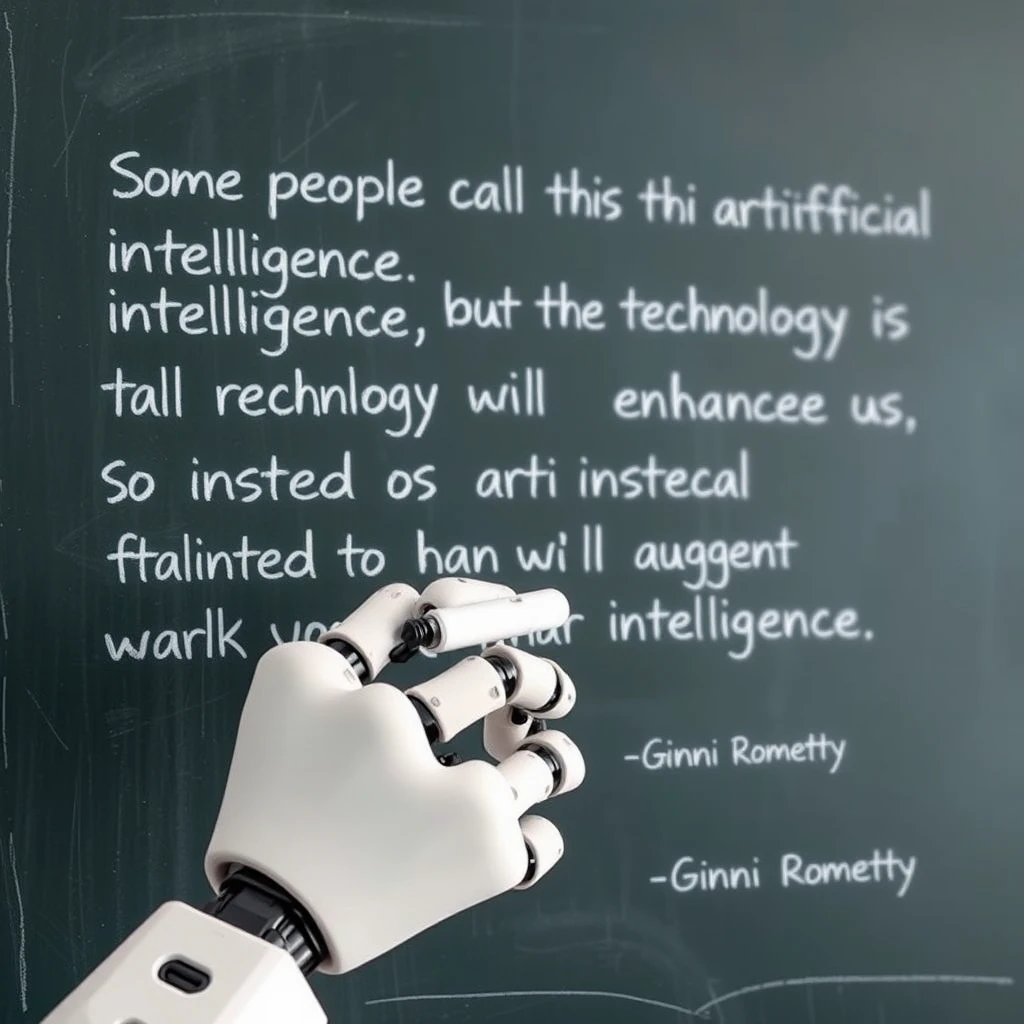 A robotic hand holding a piece of chalk is writing with that piece of chalk on a chalkboard that has writing on it that says “Some people call this artificial intelligence, but the reality is this technology will enhance us. So instead of artificial intelligence, I think we’ll augment our intelligence.” —Ginni Rometty, on a classroom style chalkboard. - Image