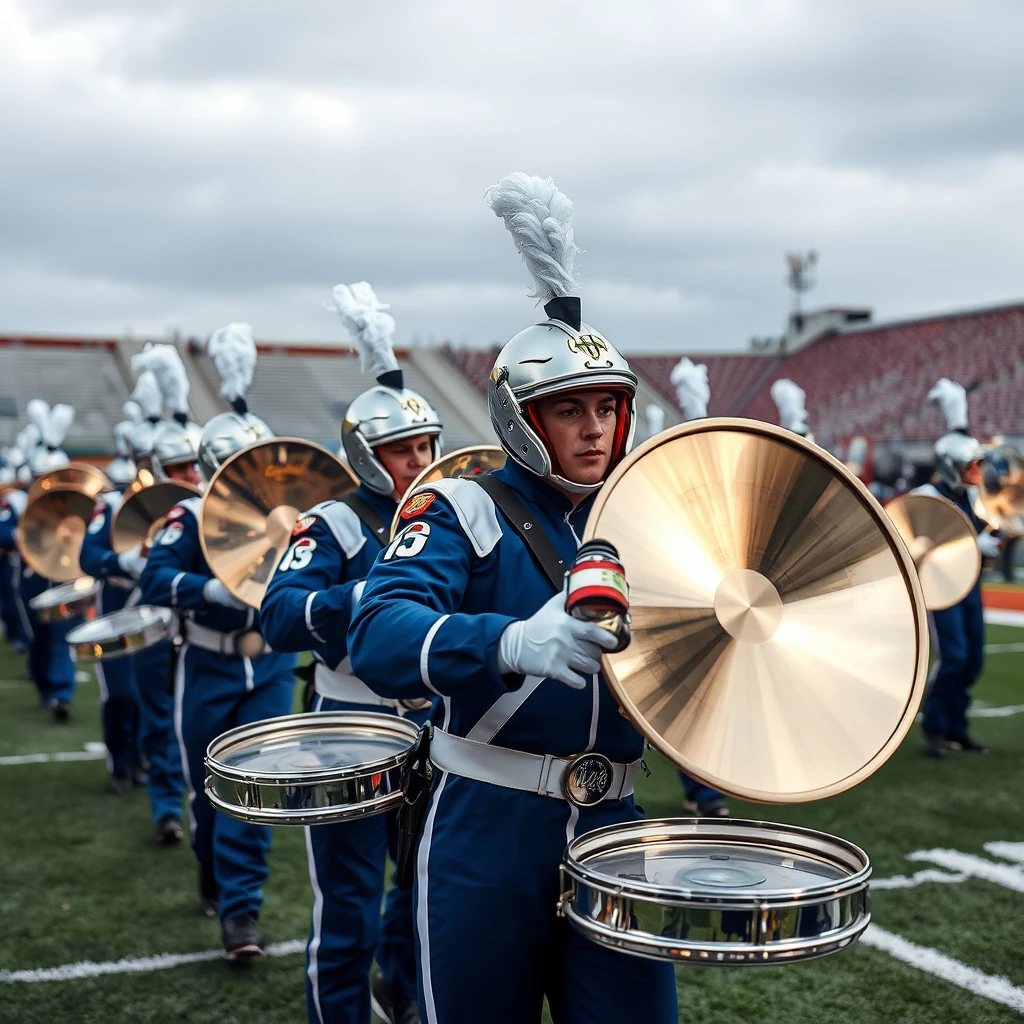 Drum corps cymbal players in spacesuits on football field - Image